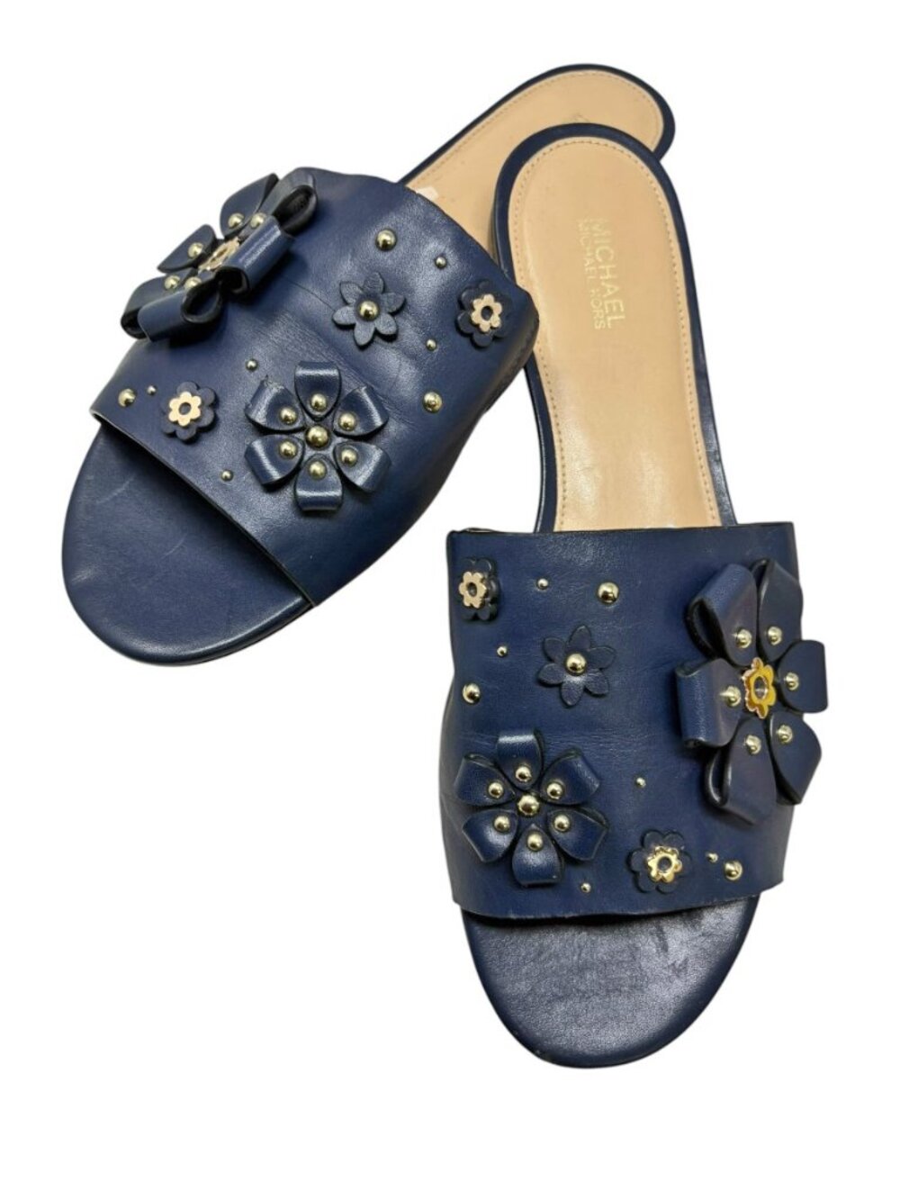 Michael Michael Kors Tara Navy Blue Leather Embellished Sandal Slides